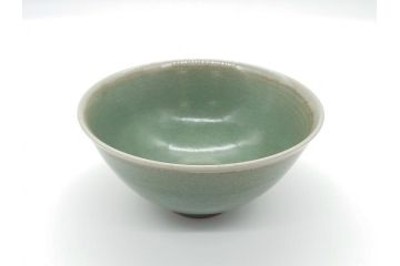 佐賀　年木庵　松本佩山　日恵窯　青瓷茶碗　5寸深鉢(小鉢、共箱付き、青磁茶碗、抹茶茶碗、平茶碗、茶道具、茶器、作家物)(R-061663)