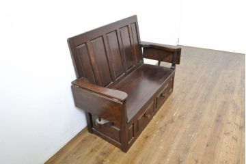 中古　松本民芸家具　シックな大人の空間を演出する羽根付ベンチ(長椅子、二人掛けベンチ、板座)(R-061665)