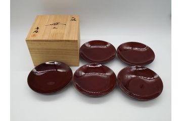 大樋年雄(十一代　大樋長左衛門)　大樋焼　飴釉　5.4寸皿5客セット(共箱付き、小皿、菓子器、菓子皿)(R-061673)