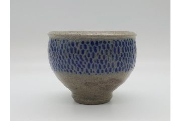 人間国宝　島岡達三　益子焼　塩釉象嵌縄文碗(共箱付き、茶碗、飯碗、民芸陶器)(R-061688)