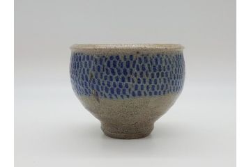 人間国宝　島岡達三　益子焼　塩釉象嵌縄文碗(共箱付き、茶碗、飯碗、民芸陶器)(R-061688)