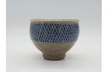 人間国宝　島岡達三　益子焼　塩釉象嵌縄文碗(共箱付き、茶碗、飯碗、民芸陶器)(R-061688)
