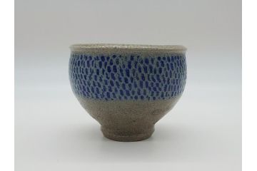 人間国宝　島岡達三　益子焼　塩釉象嵌縄文碗(共箱付き、茶碗、飯碗、民芸陶器)(R-061688)