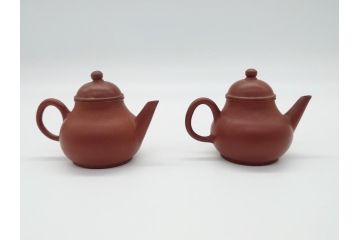 古玩　孟臣　工夫茶器　梨型　なめらかなフォルムが目を惹く朱泥急須1対(煎茶器、茶壷、茶道具、中国、唐物)(R-061690)