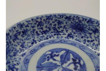 江戸期　古伊万里　染付　二重角福　花唐草文　繊細な絵柄に魅了される4.6寸なます皿2枚セット(渦福、牡丹、小皿、和食器)(R-061694)