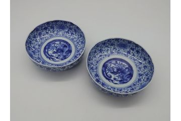 江戸期　古伊万里　染付　二重角福　花唐草龍文　繊細な絵柄に魅了されるなます皿2枚セット(渦福、ドラゴン、小皿、和食器)(R-061695)