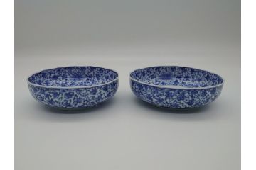 江戸期　古伊万里　染付　二重角福　花唐草龍文　繊細な絵柄に魅了されるなます皿2枚セット(渦福、ドラゴン、小皿、和食器)(R-061695)