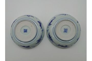 江戸期　古伊万里　染付　二重角福　花唐草文　繊細な絵柄に魅了される4.6寸なます皿2枚セット(渦福、牡丹、小皿、和食器)(R-061696)