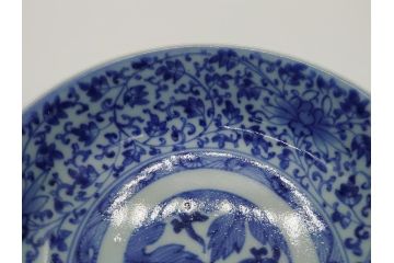 江戸期　古伊万里　染付　二重角福　花唐草文　繊細な絵柄に魅了される4.6寸なます皿2枚セット(渦福、牡丹、小皿、和食器)(R-061696)