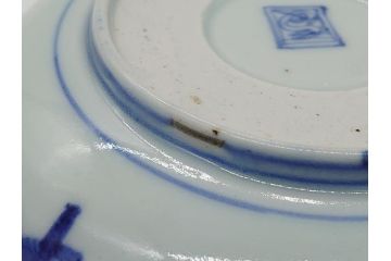 江戸期　古伊万里　染付　二重角福　花唐草文　繊細な絵柄に魅了される4.6寸なます皿2枚セット(渦福、牡丹、小皿、和食器)(R-061696)