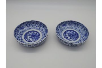 江戸期　古伊万里　染付　二重角福　花唐草龍文　4.6寸皿　約14　繊細な絵柄に魅了されるなます皿2枚セット(四寸六分、渦福、ドラゴン、小皿、和食器、和皿)(R-061697)