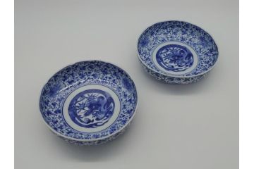 江戸期　古伊万里　染付　二重角福　花唐草龍文　4.6寸皿　約14　繊細な絵柄に魅了されるなます皿2枚セット(四寸六分、渦福、ドラゴン、小皿、和食器、和皿)(R-061697)