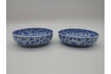 江戸期　古伊万里　染付　二重角福　花唐草龍文　4.6寸皿　約14　繊細な絵柄に魅了されるなます皿2枚セット(四寸六分、渦福、ドラゴン、小皿、和食器、和皿)(R-061697)