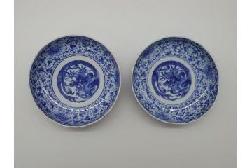 江戸期　古伊万里　染付　二重角福　花唐草龍文　4.6寸皿　約14　繊細な絵柄に魅了されるなます皿2枚セット(四寸六分、渦福、ドラゴン、小皿、和食器、和皿)(R-061697)