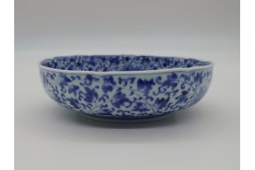 江戸期　古伊万里　染付　二重角福　花唐草龍文　4.6寸皿　約14　繊細な絵柄に魅了されるなます皿2枚セット(四寸六分、渦福、ドラゴン、小皿、和食器、和皿)(R-061697)