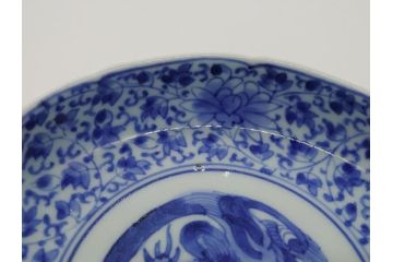 江戸期　古伊万里　染付　二重角福　花唐草龍文　4.6寸皿　約14　繊細な絵柄に魅了されるなます皿2枚セット(四寸六分、渦福、ドラゴン、小皿、和食器、和皿)(R-061697)
