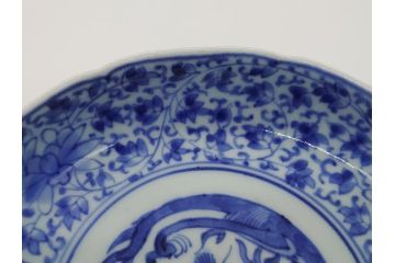 江戸期　古伊万里　染付　二重角福　花唐草龍文　4.6寸皿　約14　繊細な絵柄に魅了されるなます皿2枚セット(四寸六分、渦福、ドラゴン、小皿、和食器、和皿)(R-061697)