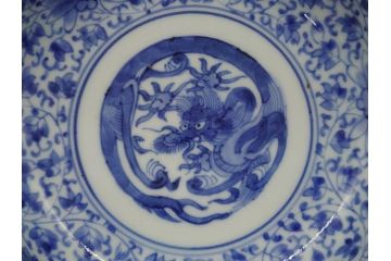 江戸期　古伊万里　染付　二重角福　花唐草龍文　4.6寸皿　約14　繊細な絵柄に魅了されるなます皿2枚セット(四寸六分、渦福、ドラゴン、小皿、和食器、和皿)(R-061697)