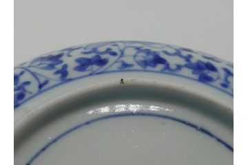 江戸期　古伊万里　染付　二重角福　花唐草龍文　4.6寸皿　約14　繊細な絵柄に魅了されるなます皿2枚セット(四寸六分、渦福、ドラゴン、小皿、和食器、和皿)(R-061697)