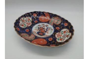 幕末期　上手物　金彩色絵染付　花盆文　8.3寸皿　約25cm　鮮やかな色彩が目を惹く楕円皿(八寸三分、和皿、和食器、皿)(R-061699)