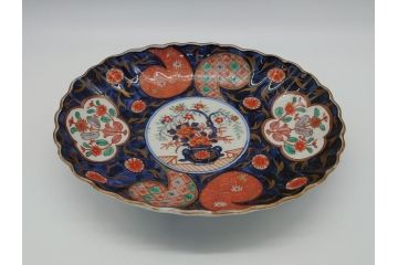 幕末期　上手物　金彩色絵染付　花盆文　8.3寸皿　約25cm　鮮やかな色彩が目を惹く楕円皿(八寸三分、和皿、和食器、皿)(R-061699)
