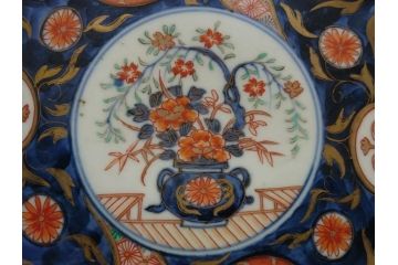 幕末期　上手物　金彩色絵染付　花盆文　8.3寸皿　約25cm　鮮やかな色彩が目を惹く楕円皿(八寸三分、和皿、和食器、皿)(R-061699)