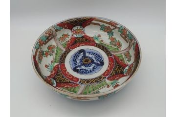 幕末期　上手物　金彩色絵　二重高台　7.6寸皿　約23cm　きらびやかに輝き美しい大鉢(七寸六分、和皿、皿、大皿、紅葉、小花、獅子、渦、和食器)(R-061700)