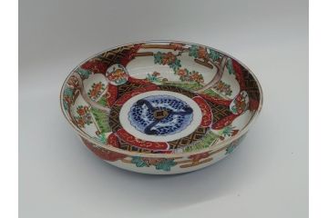 幕末期　上手物　金彩色絵　二重高台　7.6寸皿　約23cm　きらびやかに輝き美しい大鉢(七寸六分、和皿、皿、大皿、紅葉、小花、獅子、渦、和食器)(R-061700)