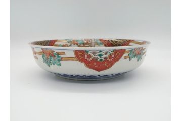 幕末期　上手物　金彩色絵　二重高台　7.6寸皿　約23cm　きらびやかに輝き美しい大鉢(七寸六分、和皿、皿、大皿、紅葉、小花、獅子、渦、和食器)(R-061700)