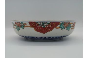 幕末期　上手物　金彩色絵　二重高台　7.6寸皿　約23cm　きらびやかに輝き美しい大鉢(七寸六分、和皿、皿、大皿、紅葉、小花、獅子、渦、和食器)(R-061700)