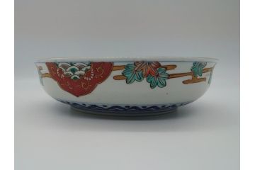 幕末期　上手物　金彩色絵　二重高台　7.6寸皿　約23cm　きらびやかに輝き美しい大鉢(七寸六分、和皿、皿、大皿、紅葉、小花、獅子、渦、和食器)(R-061700)