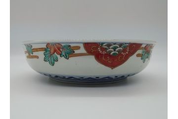 幕末期　上手物　金彩色絵　二重高台　7.6寸皿　約23cm　きらびやかに輝き美しい大鉢(七寸六分、和皿、皿、大皿、紅葉、小花、獅子、渦、和食器)(R-061700)