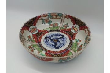 幕末期　上手物　金彩色絵　二重高台　8.3寸皿　約25cm　きらびやかに輝き美しい大鉢(八寸三分、和皿、皿、大皿、紅葉、小花、獅子、渦、和食器)(R-061701)