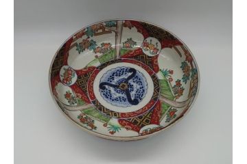 幕末期　上手物　金彩色絵　二重高台　8.3寸皿　約25cm　きらびやかに輝き美しい大鉢(八寸三分、和皿、皿、大皿、紅葉、小花、獅子、渦、和食器)(R-061701)