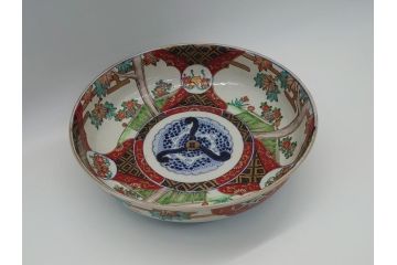 幕末期　上手物　金彩色絵　二重高台　8.3寸皿　約25cm　きらびやかに輝き美しい大鉢(八寸三分、和皿、皿、大皿、紅葉、小花、獅子、渦、和食器)(R-061701)