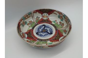 幕末期　上手物　金彩色絵　二重高台　8.3寸皿　約25cm　きらびやかに輝き美しい大鉢(八寸三分、和皿、皿、大皿、紅葉、小花、獅子、渦、和食器)(R-061701)