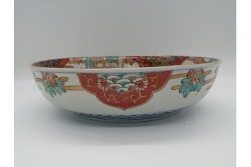 幕末期　上手物　金彩色絵　二重高台　8.3寸皿　約25cm　きらびやかに輝き美しい大鉢(八寸三分、和皿、皿、大皿、紅葉、小花、獅子、渦、和食器)(R-061701)
