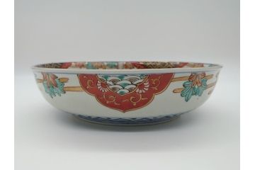 幕末期　上手物　金彩色絵　二重高台　8.3寸皿　約25cm　きらびやかに輝き美しい大鉢(八寸三分、和皿、皿、大皿、紅葉、小花、獅子、渦、和食器)(R-061701)