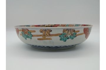 幕末期　上手物　金彩色絵　二重高台　8.3寸皿　約25cm　きらびやかに輝き美しい大鉢(八寸三分、和皿、皿、大皿、紅葉、小花、獅子、渦、和食器)(R-061701)