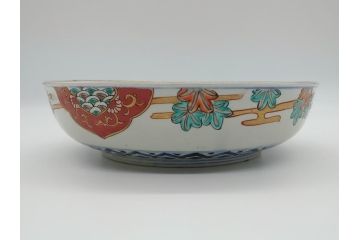 幕末期　上手物　金彩色絵　二重高台　8.3寸皿　約25cm　きらびやかに輝き美しい大鉢(八寸三分、和皿、皿、大皿、紅葉、小花、獅子、渦、和食器)(R-061701)