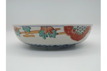 幕末期　上手物　金彩色絵　二重高台　8.3寸皿　約25cm　きらびやかに輝き美しい大鉢(八寸三分、和皿、皿、大皿、紅葉、小花、獅子、渦、和食器)(R-061701)