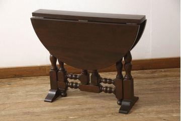 中古　松本民芸家具　脚のデザインがシックな#13型T・Fバタフライ卓(サイドテーブル、ラウンドテーブル、丸テーブル、ドロップリーフテーブル、カフェテーブル、コーヒーテーブル)(R-061708)