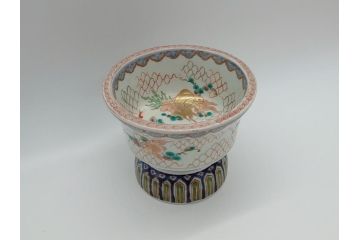 江戸期　伊万里　盃　色絵　杯洗(盃洗)　金彩　優雅に泳ぐ金魚が愛らしい高台皿(和食器、フルーツ皿)(R-061723)