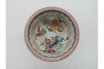 江戸期　伊万里　盃　色絵　杯洗(盃洗)　金彩　優雅に泳ぐ金魚が愛らしい高台皿(和食器、フルーツ皿)(R-061723)