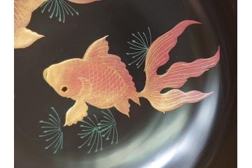 輪島塗　黒塗　蒔絵　金彩　金魚　盃洗　悠々泳ぐ金魚が涼しげな4.8寸深鉢2客セット(杯洗、酒器、漆器、雷紋)(R-061724)