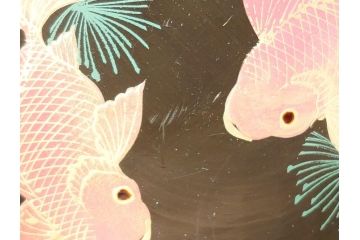 輪島塗　黒塗　蒔絵　金彩　金魚　盃洗　悠々泳ぐ金魚が涼しげな4.8寸深鉢2客セット(杯洗、酒器、漆器、雷紋)(R-061724)