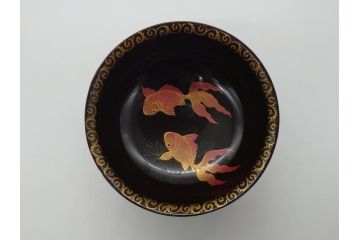 輪島塗　黒塗　蒔絵　金彩　金魚　盃洗　悠々泳ぐ金魚が涼しげな4.8寸深鉢3客セット(杯洗、酒器、漆器、雷紋)(R-061726)