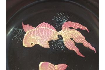 輪島塗　黒塗　蒔絵　金彩　金魚　盃洗　悠々泳ぐ金魚が涼しげな4.8寸深鉢3客セット(杯洗、酒器、漆器、雷紋)(R-061726)