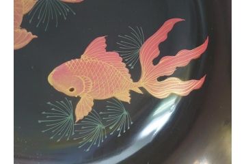 輪島塗　黒塗　蒔絵　金彩　金魚　盃洗　悠々泳ぐ金魚が涼しげな4.8寸深鉢3客セット(杯洗、酒器、漆器、雷紋)(R-061726)