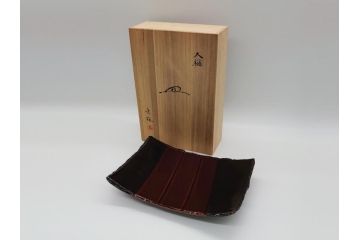 大樋年雄(十一代　大樋長左衛門)　文陽窯　大樋焼　飴釉　長方形　1.1尺皿　約34cm　掛分け線紋皿(一尺一寸、共箱付き、変形皿、大樋焼宗家十代長左衛門窯、和皿、和食器)(R-061730)